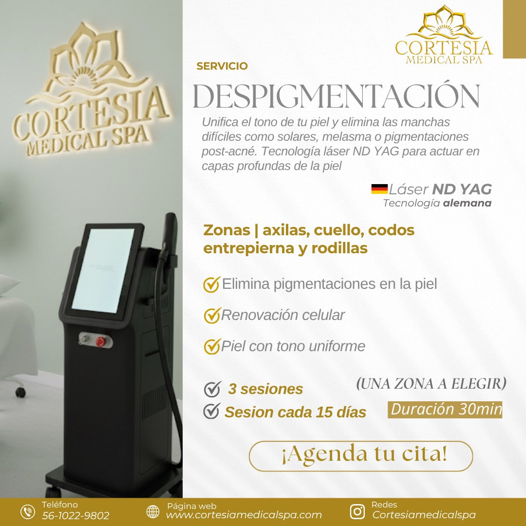 Despigmentación Zonas: Axilas, Cuello, Codos, Entrepierna y Rodillas ( 3 Sesiones)